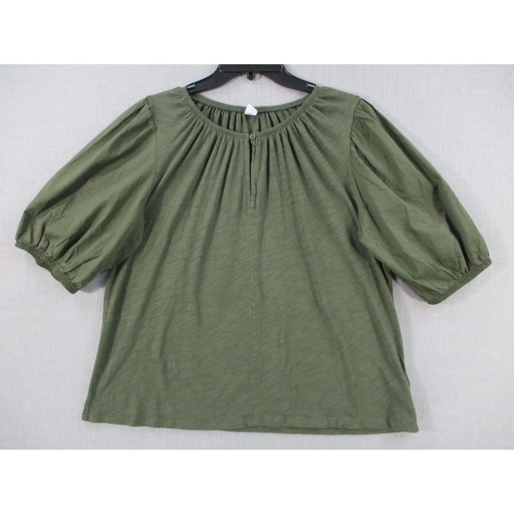 Old‎ Navy Olive Green Gathered Puff Sleeve Slub Knit Blouse Womens Size L Tall